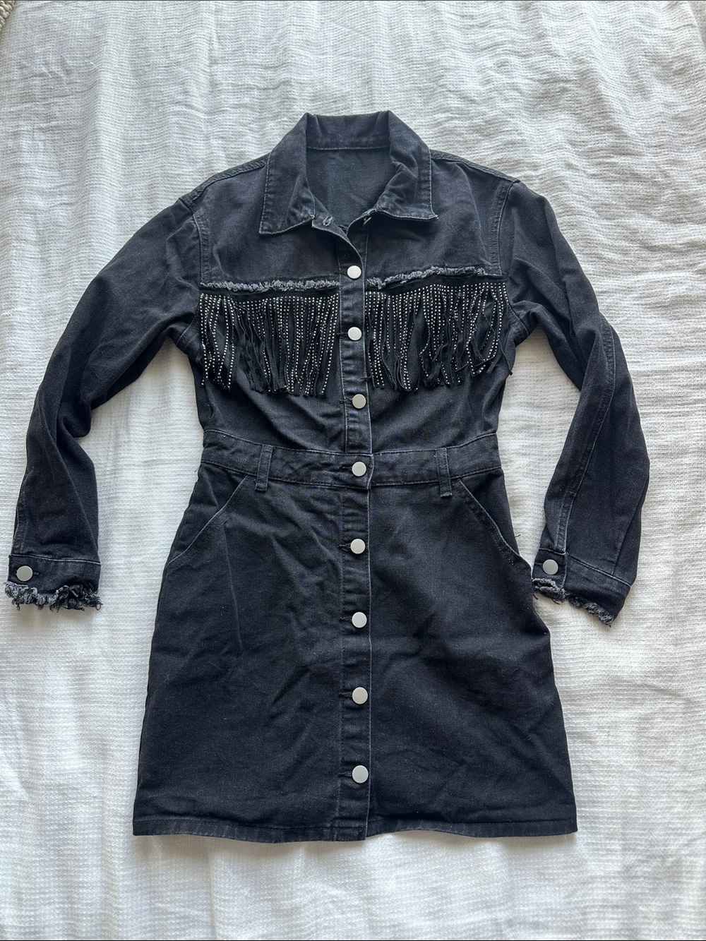 Black Western Fringe Long-Sleeve Denim Dress